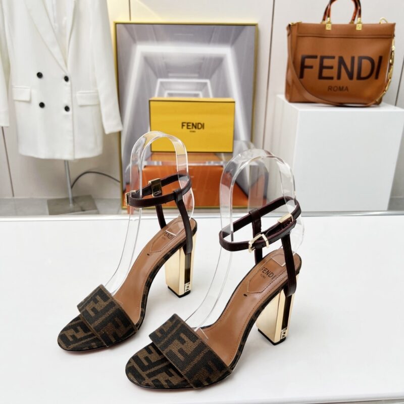 Alternative view of FENDI DELFINA  FF JACQUARD MEDIUM HEELED SANDALS BROWN  8X8663AJZFF1D1C