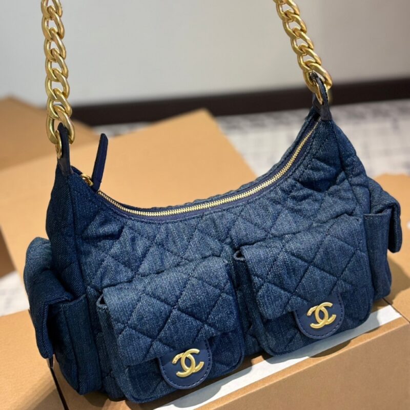 Alternative view of CHANEL LARGE HOBO BAG WASHED DENIM AND GOLD TONE METAL DARK BLUE 31CM