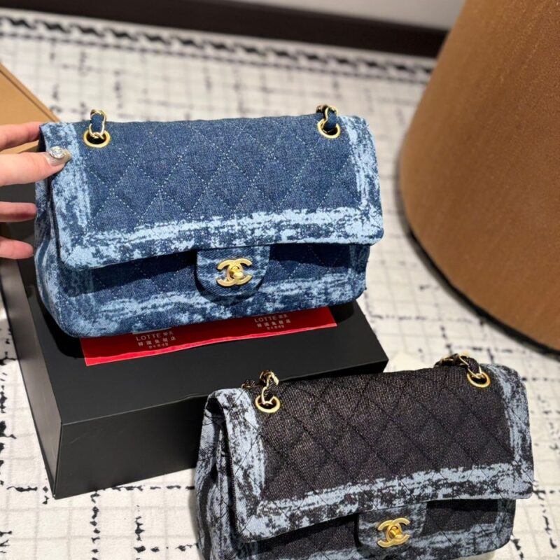 Alternative view of CHANEL CLASSIC DOUBLE FLAP BAG QUILTED PRINTED DENIM MEDIUM BLUE 25CM