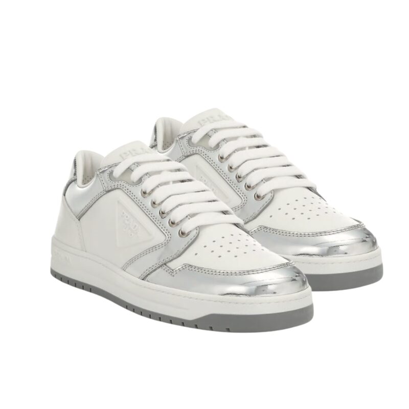 PRADA DISTRICT LEATHER SNEAKERS WHITE SLIVER 1E790M 3LJ6 F0J36