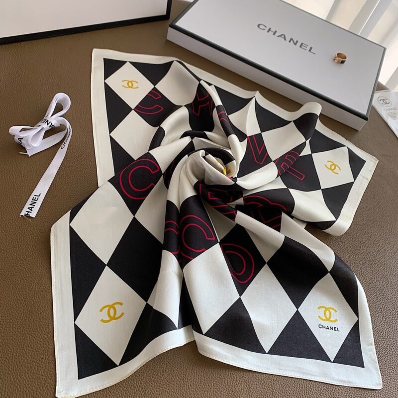 Alternative view of CHANEL COCO CARO SILK SCARF IN WHITE AND BLACK 70CM