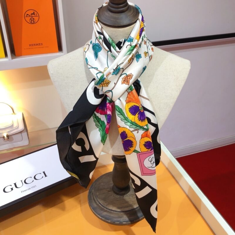 Alternative view of GUCCI FLORAL PRINT SILK SCARF IN IVORY IN BLACK AND WHITE 90CM 7438763G0019260