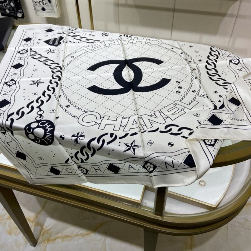 Alternative view of CHANEL CLASSIC DOUBLE C LOGO PRINT SILK SCARF WHITE 90CM