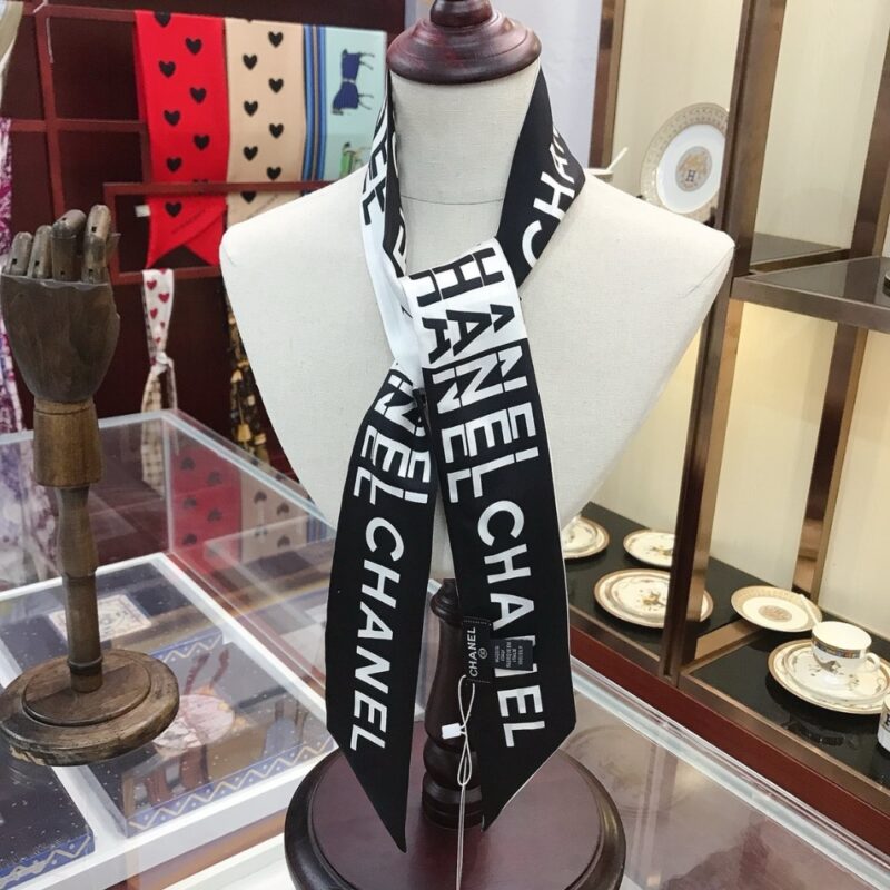 Alternative view of CHANEL SILK LOGO SLIM BANDEAU SCARF BLACK AND WHITE 120CM