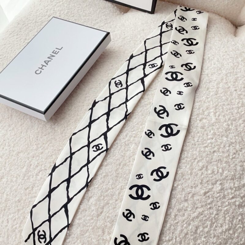 Alternative view of CHANEL SILK CC SLIM BANDEAU SCARF WHITE 120CM