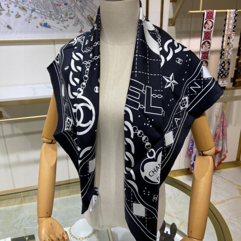 Alternative view of CHANEL CLASSIC DOUBLE C LOGO PRINT SILK SCARF BLACK 90CM
