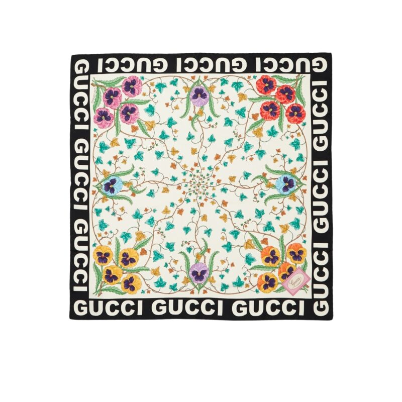 GUCCI FLORAL PRINT SILK SCARF IN IVORY IN BLACK AND WHITE 90CM 7438763G0019260