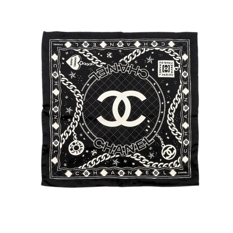 CHANEL CLASSIC DOUBLE C LOGO PRINT SILK SCARF BLACK 90CM