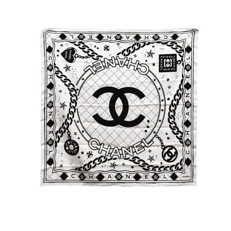 CHANEL CLASSIC DOUBLE C LOGO PRINT SILK SCARF WHITE 90CM