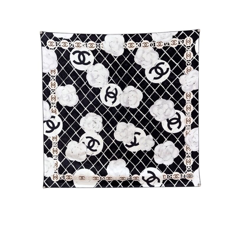 CHANEL CC CAMELLIA SILK SCARF IN BLACK 90CM A39577 X10321 94305