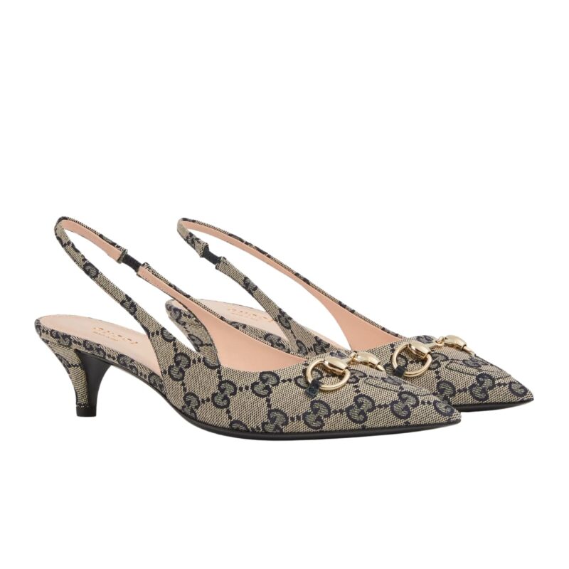 GUCCI WOMEN'S HORSEBIT SLINGBACK PUMP BEIGE AND BLUE 782627 2HK80 4041