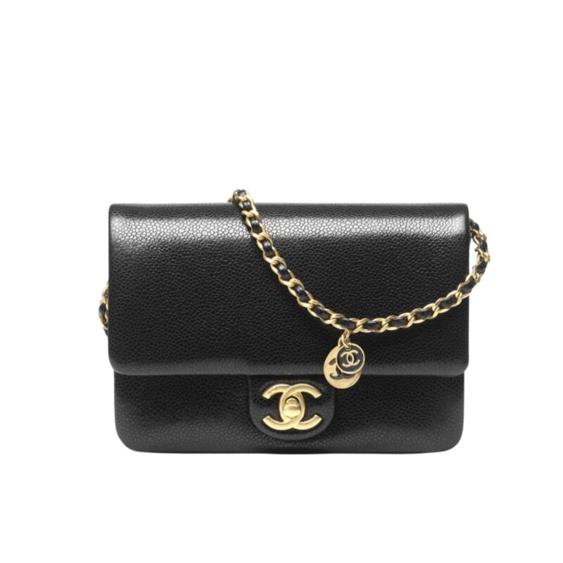 CHANEL MINI FLAP BAG GRAINED SHINY GOLD TONE METAL BLACK 23CM AS5218 B18321 94305