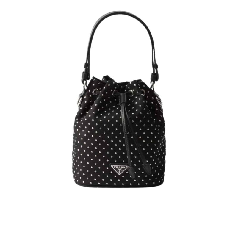 PRADA RE NYLON MINI BAG WITH STUDS BLACK 22CM 1BE067 2HGV F0002 V OOM