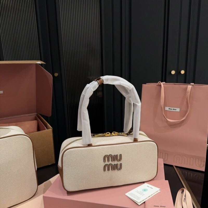 Alternative view of MIUMIU BEAU CANVAS BAG BEIGE AND BRANDY 28CM 5BB173 ACRN F062F V OWM