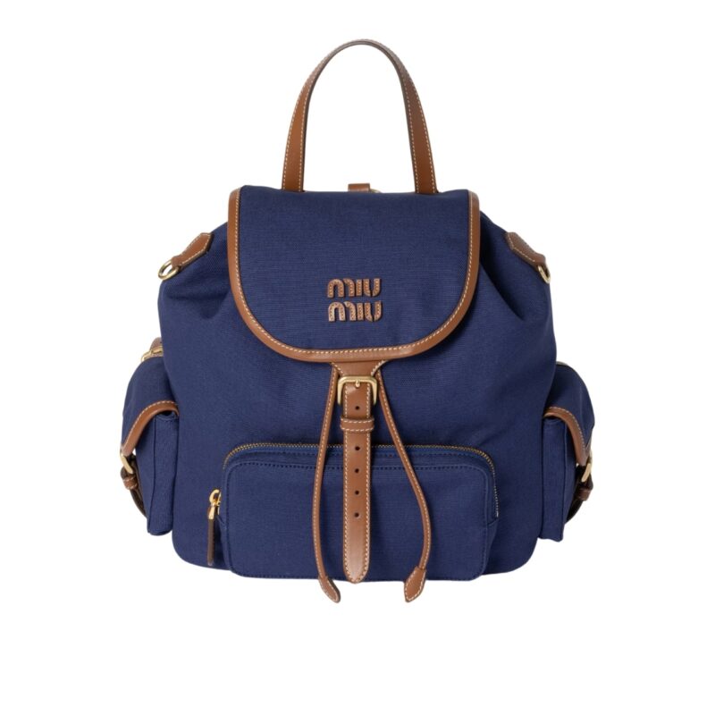 MIUMIU CANVAS BACKPACK CORNFLOWER BLUE AND BRANDY 27CM 5BZ042 2IBQ F0TQF V OOO