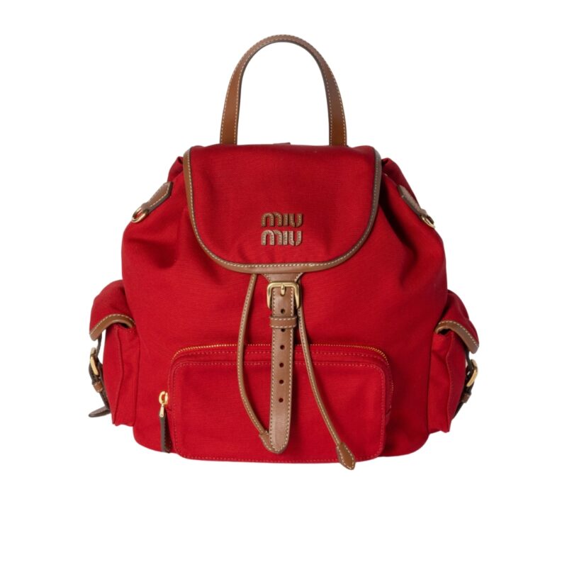 MIUMIU CANVAS BACKPACK CORNFLOWER RED AND BRANDY 27CM 5BZ042 2IBQ F0TQE V OOO