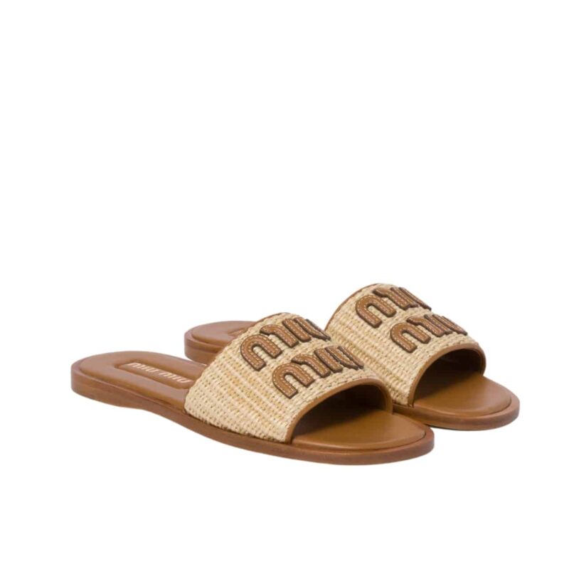 MIUMIU RAFFIA EFFECT WOVEN FABRIC SLIDES NATURAL 5XX644 3LOM F0018 F 005