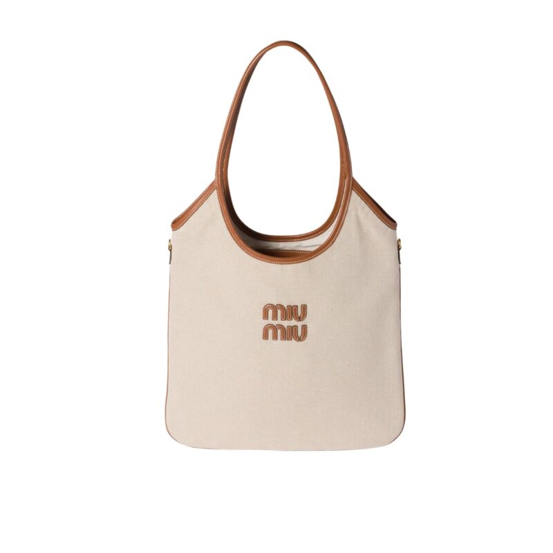 MIUMIU IVY CANVAS BAG BEIGE AND BRANDY 35CM 5BG231 ACRN F062F V MLF