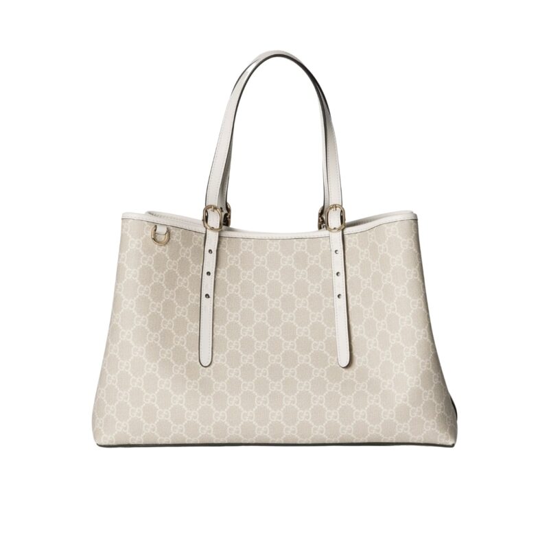 GUCCI GG EMBLEM LARGE TOTE BAG BEIGE AND WHITE COATED FABRIC 38CM 815213 FAD6L 9641