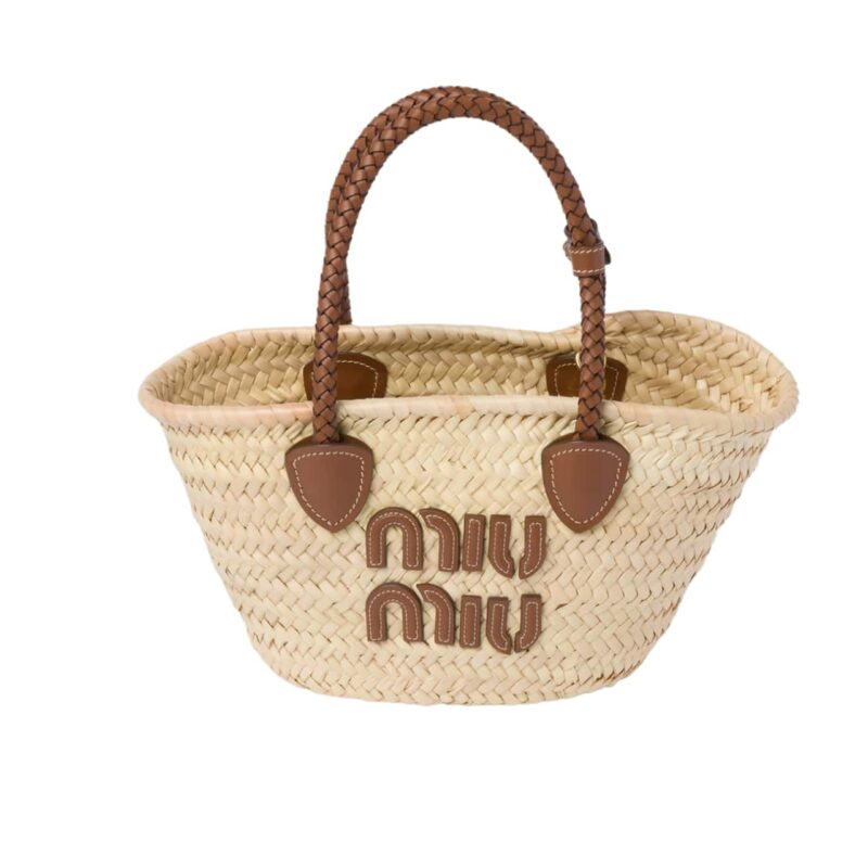 MIUMIU WOVEN FABRIC TOTE BAG BEIGE AND COGNAC 16CM 5BG273 2DDH F0A5T V OOO
