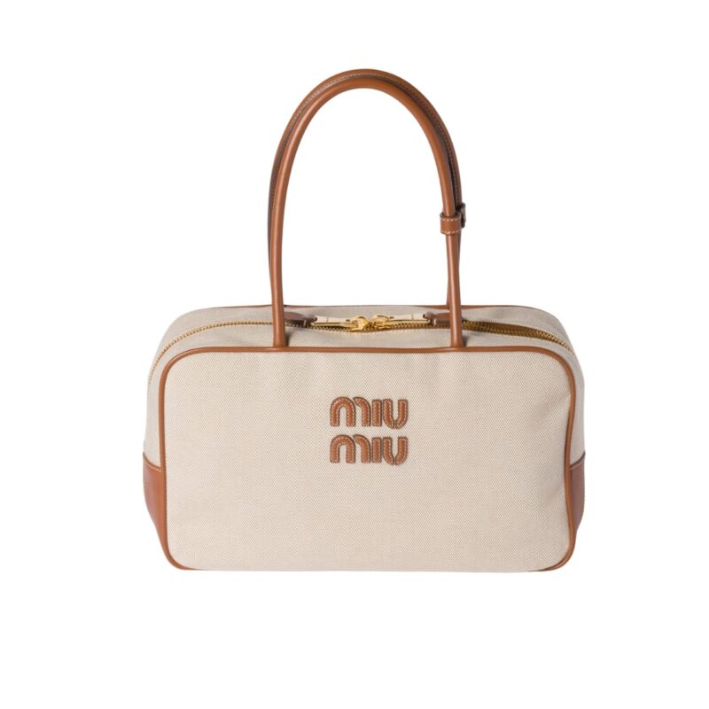 MIUMIU BEAU CANVAS BAG BEIGE AND BRANDY 34CM 5BB163 ACRN F062F V OOO