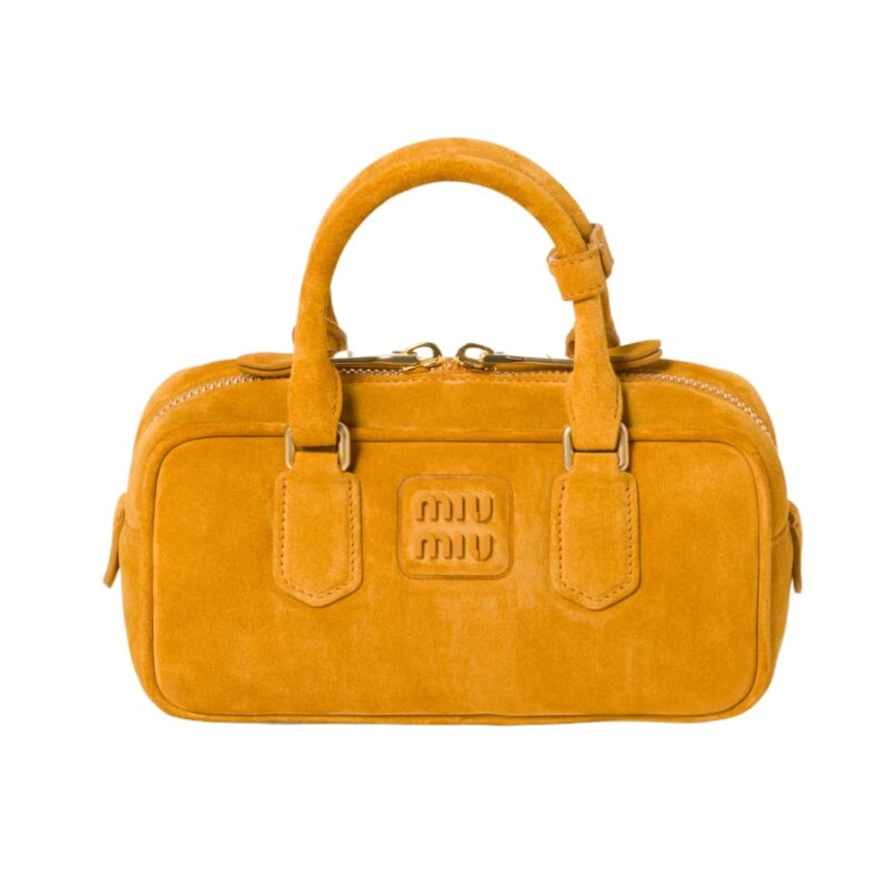 MIUMIU ARCADIE PADDED SUEDE TOP HANDLE BAG WHISKEY 23CM 5BB142 2CS4 F0R55 V OON