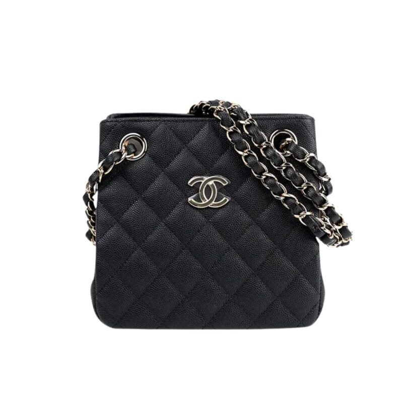CHANEL GRAINED EMBOSSED HOBO BAG BLACK 17CM