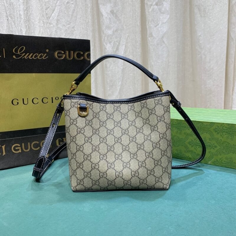 Alternative view of GUCCI GG EMBLEM SMALL BUCKET BAG BEIGE AND DARK BROWN 20CM 815118 FAD6L 9741