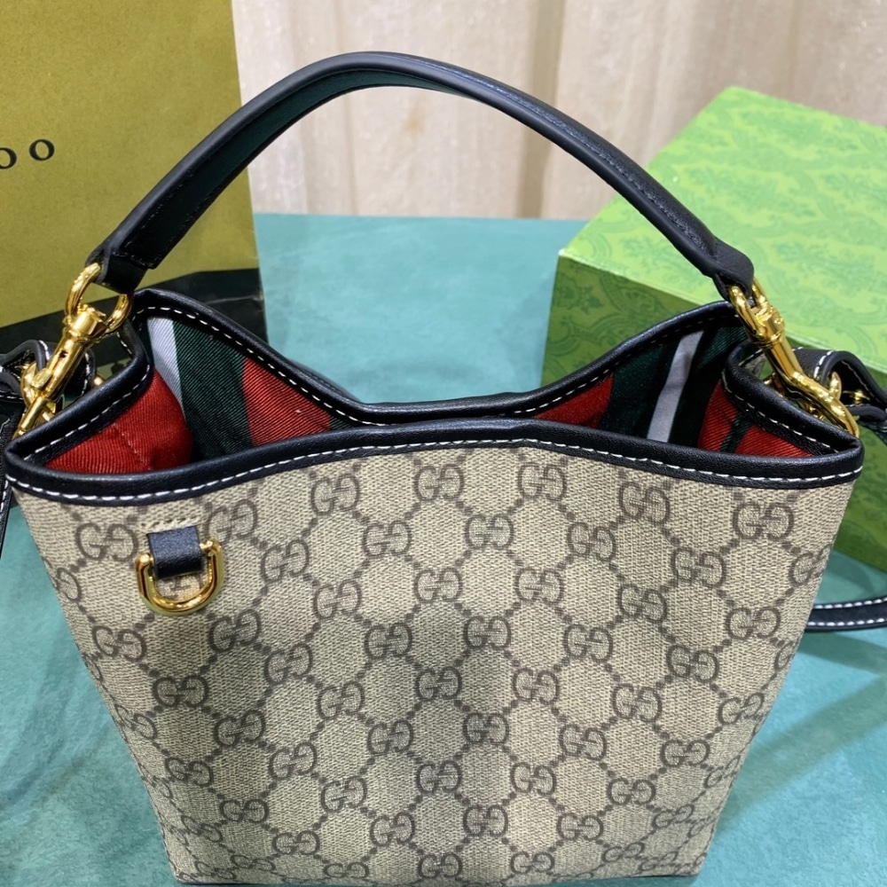 GUCCI GG EMBLEM SMALL BUCKET BAG BEIGE AND DARK BROWN 20CM 815118 FAD6L 9741 - Image 3