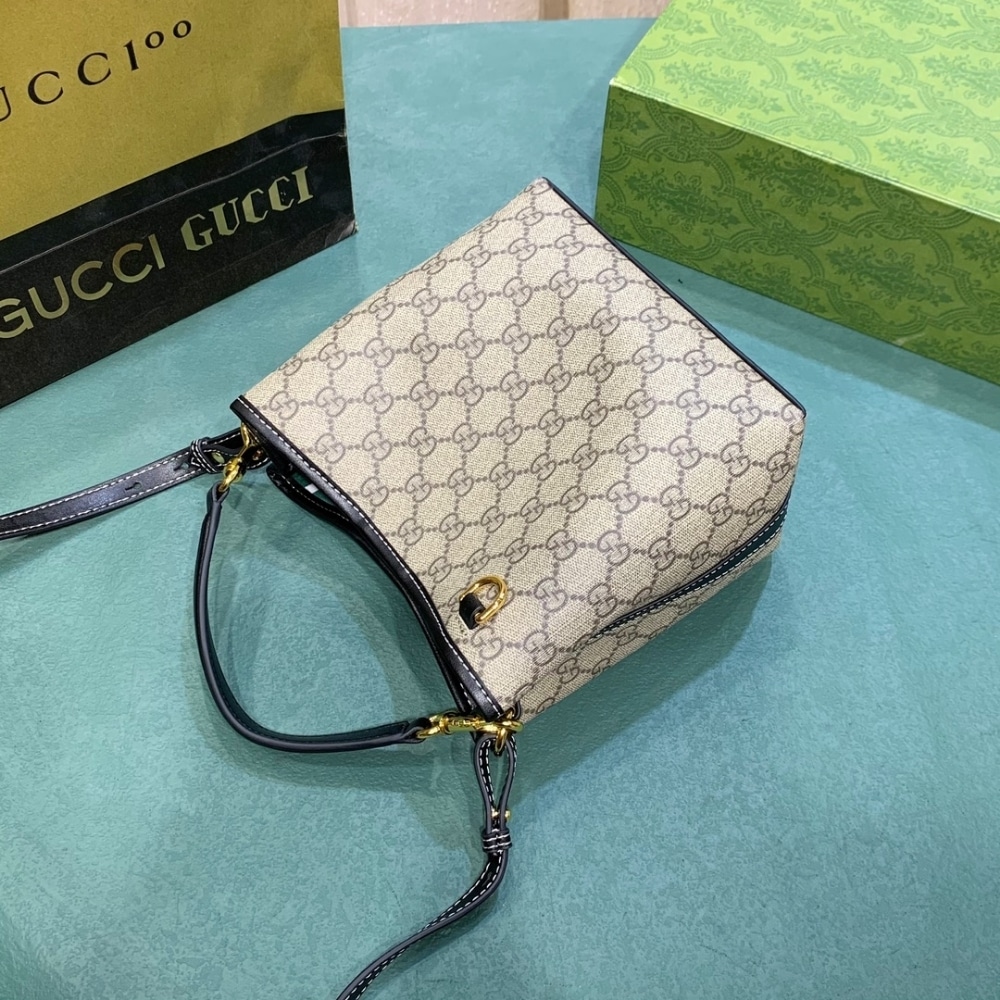 GUCCI GG EMBLEM SMALL BUCKET BAG BEIGE AND DARK BROWN 20CM 815118 FAD6L 9741 - Image 5