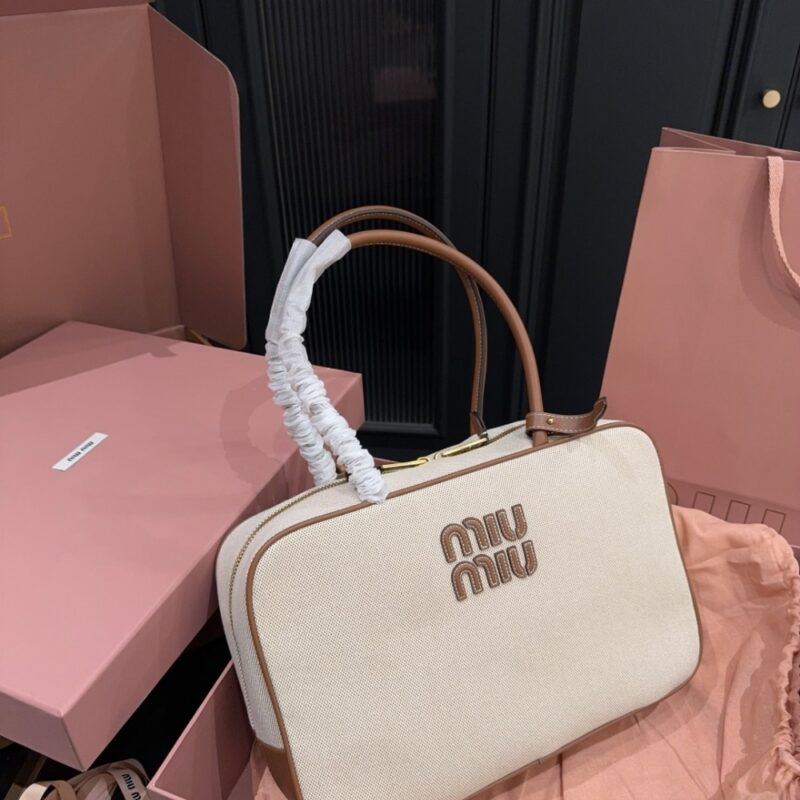 Alternative view of MIUMIU BEAU CANVAS BAG BEIGE AND BRANDY 34CM 5BB163 ACRN F062F V OOO