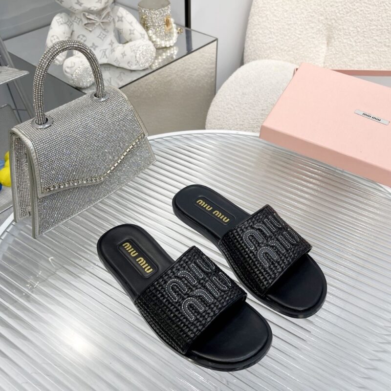Alternative view of MIUMIU RAFFIA EFFECT WOVEN FABRIC SLIDES BLACK 5XX644 3LOM F0002 F 005