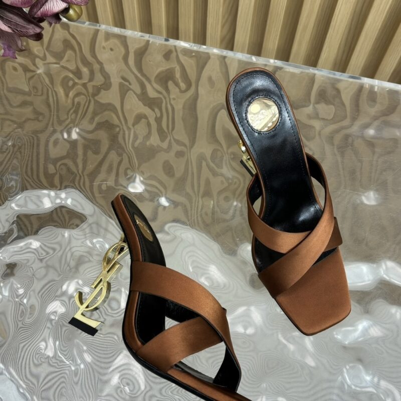 Alternative view of SAINT LAURENT OPYUM MULES IN SATIN CREPE MANIOC BROWN 8189319QAB12215