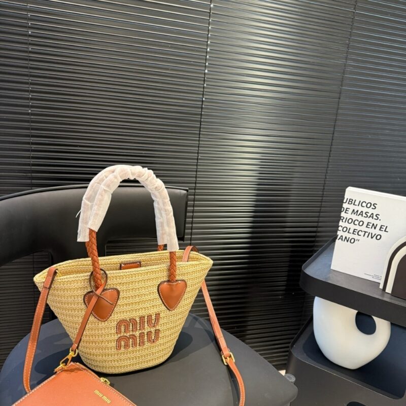 Alternative view of MIUMIU WOVEN FABRIC TOTE BAG BEIGE AND COGNAC 16CM 5BG273 2DDH F0A5T V OOO