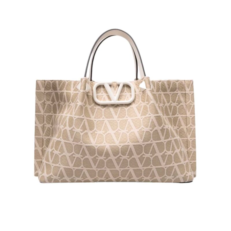 VALENTINO GARAVANI VLOGO EMBROIDERED RAFFIA TOTE BEIGE 35CM