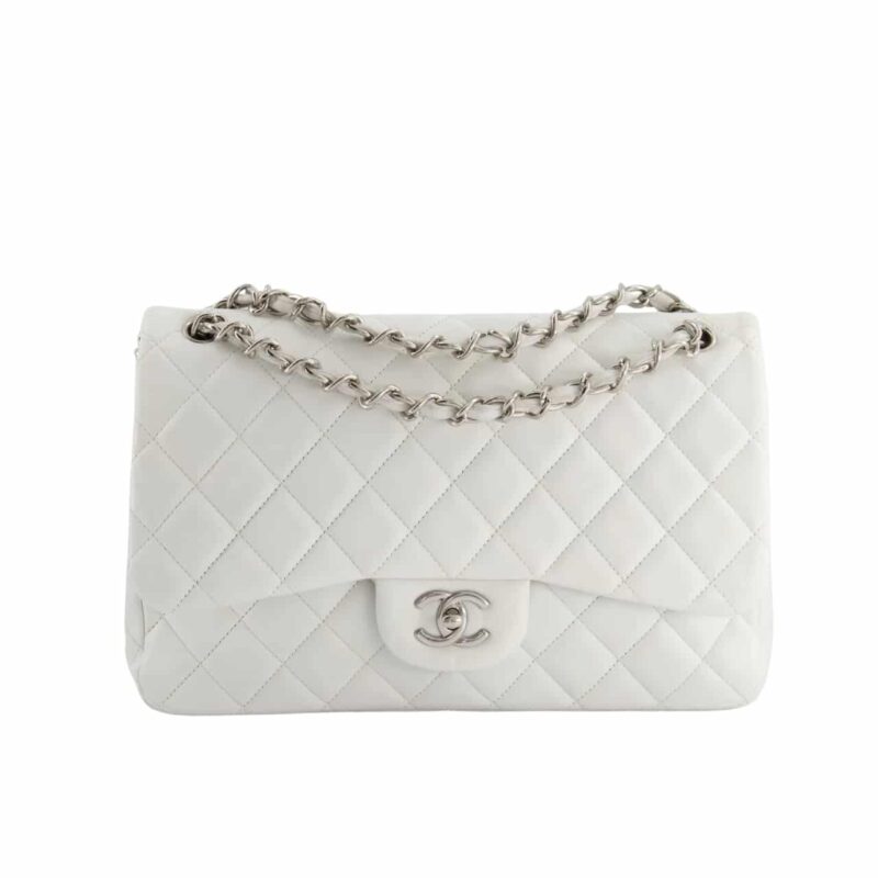 CHANEL CLASSIC DOUBLE FLAP BAG WHITE SILVER HARDWARE 25CM