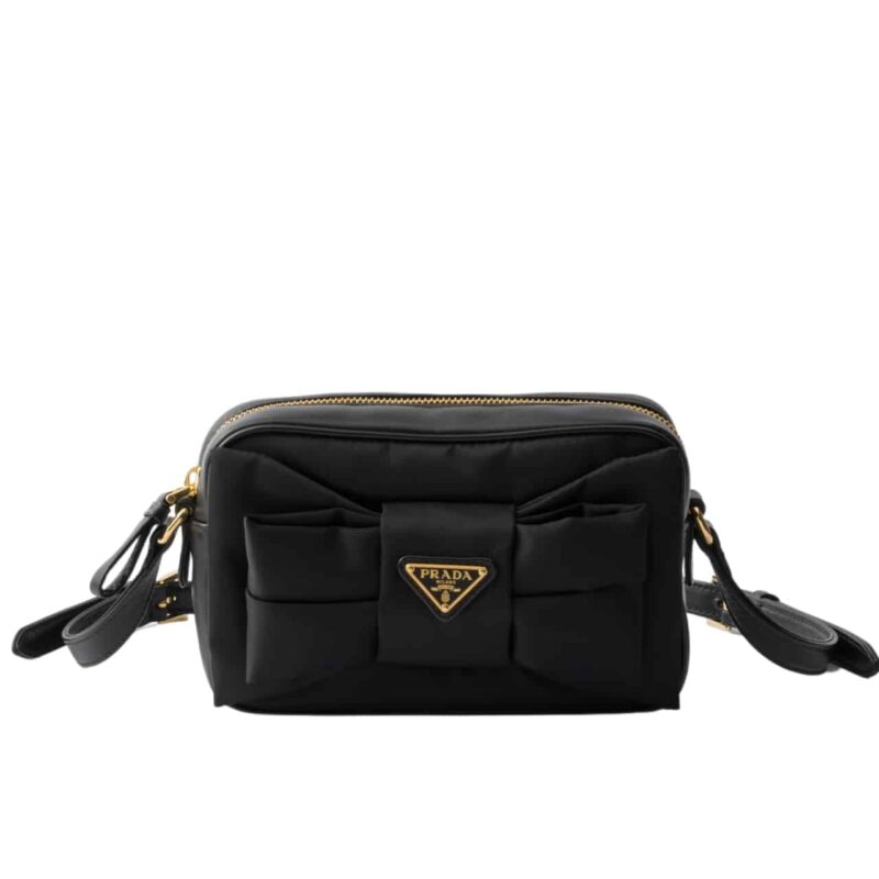 PRADA RE NYLON AND NAPPA MINI SHOULDER BAG WITH BOW BLACK 18CM 1BH166 RP0C F0002 V DXO