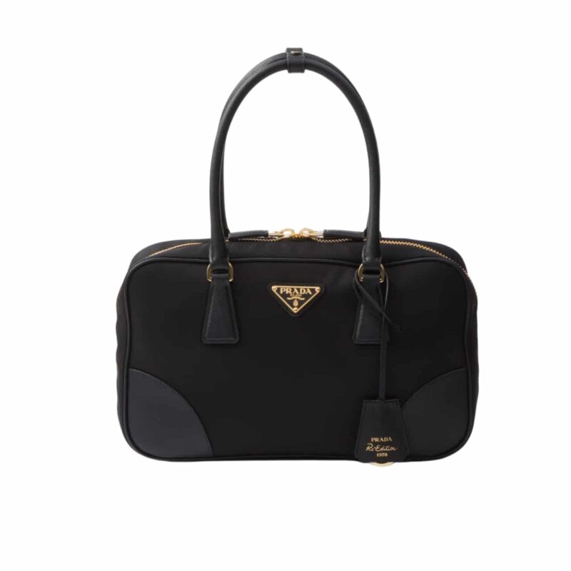 PRADA RE EDITION 1978 MEDIUM RE NYLON AND SAFFIANO TWO HANDLE BAG BLACK 30CM 1BB115 R064 F0002 V OOO