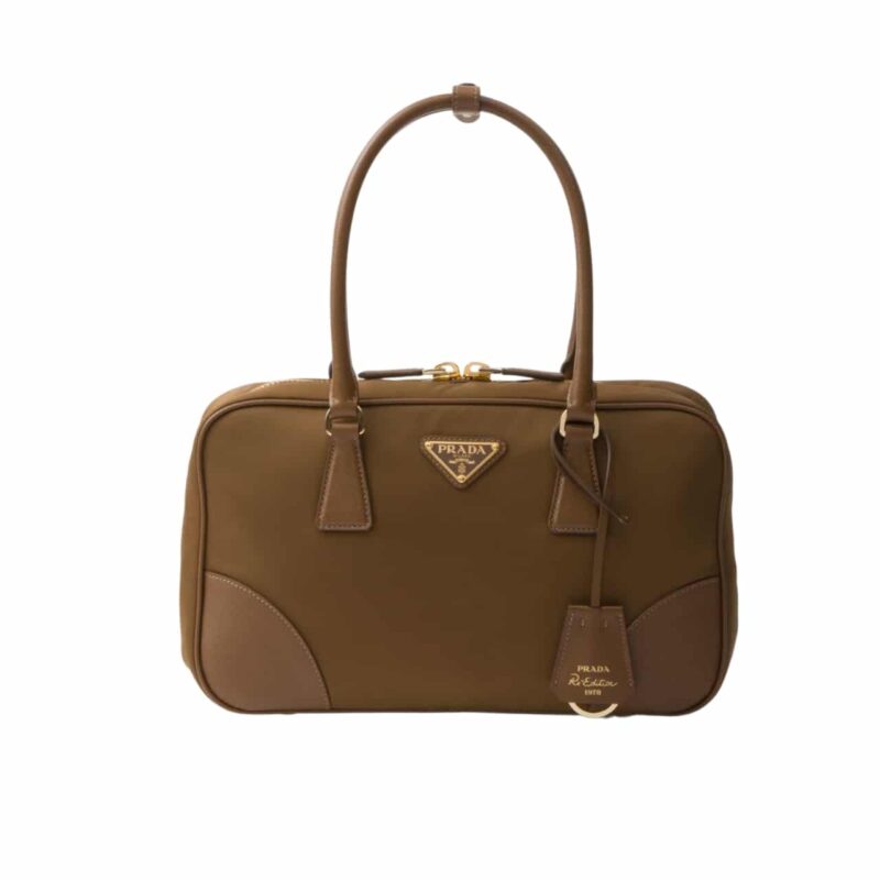 PRADA RE EDITION 1978 MEDIUM RE NYLON AND SAFFIANO TWO HANDLE BAG CORK BEIGE 30CM 1BB115 R064 F0594 V OOO