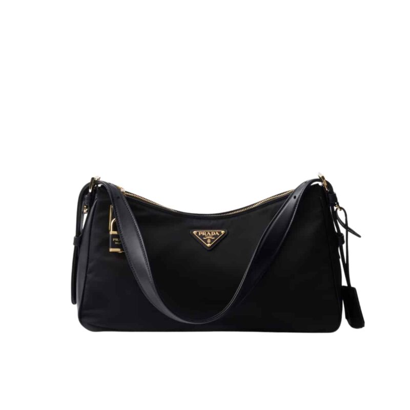 PRADA AIMÉE LARGE RE NYLON SHOULDER BAG WITH PADLOCK BLACK 34CM 1BC232 2C8Q F0002 V ODO