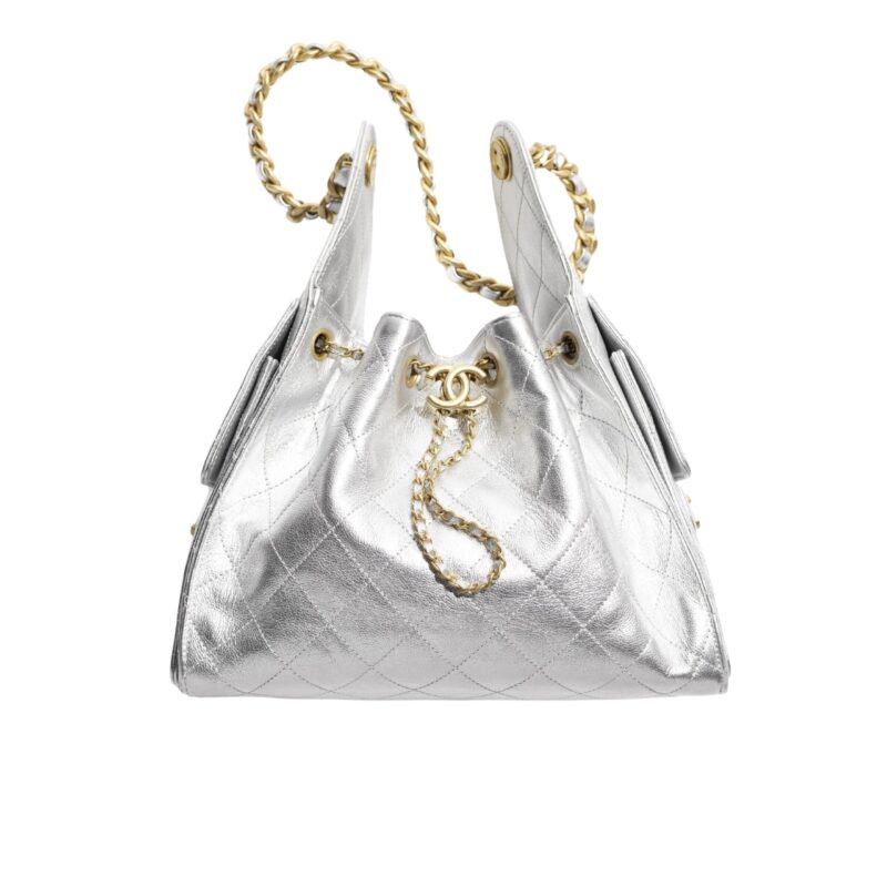 CHANEL 25 SMALL HANDBAG METALLIC GRAINED AND GOLD TONE METAL SILVER 26CM AS5293 B20405 NZV67