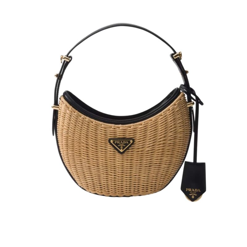 PRADA WICKER AND LEATHER ARQUÉ BAG BLACK 22CM 1BC202 2CYF F0I55 V OOO