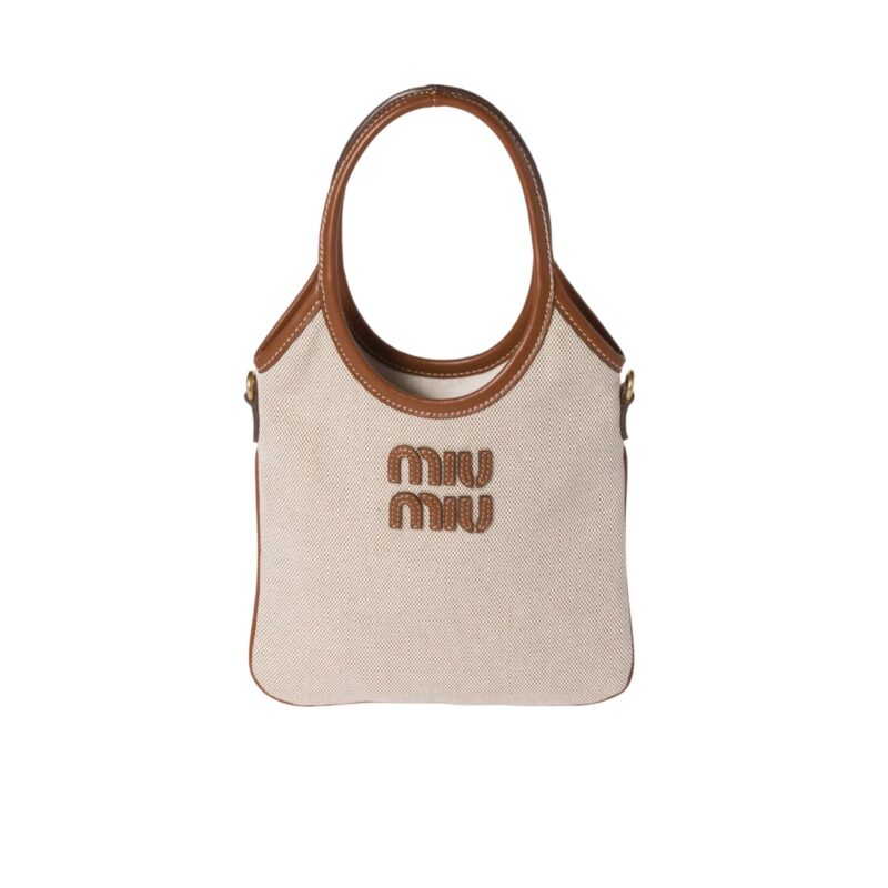 MIUMIU IVY CANVAS AND LEATHER BAG BEIGE 20CM 5BA281 ACRN F062F V OLF