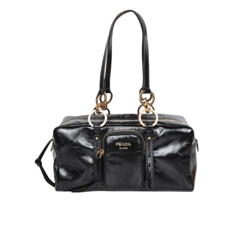 PRADA DANGLE MEDIUM LEATHER TOP HANDLE BAG BLACK 29CM 1BB138 2CYR F0002 V OOO