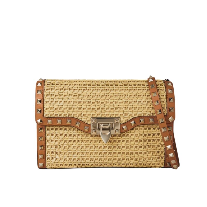 VALENTINO GARAVANI ROCKSTUD SMALL RAFFIA SHOULDER BAG NATURAL 22CM