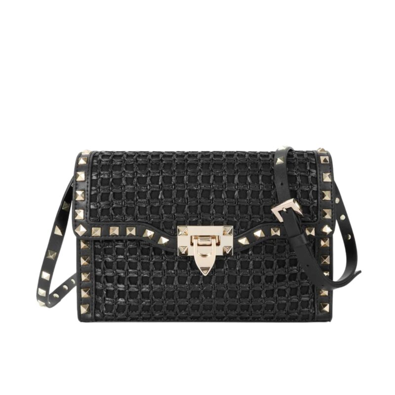 VALENTINO GARAVANI ROCKSTUD SMALL RAFFIA SHOULDER BAG BLACK 22CM