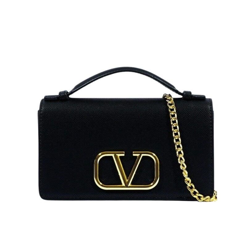 VALENTINO GARAVANI VLOGO SIGNATURE GRAINY WALLET WITH CHAIN BLACK 22CM