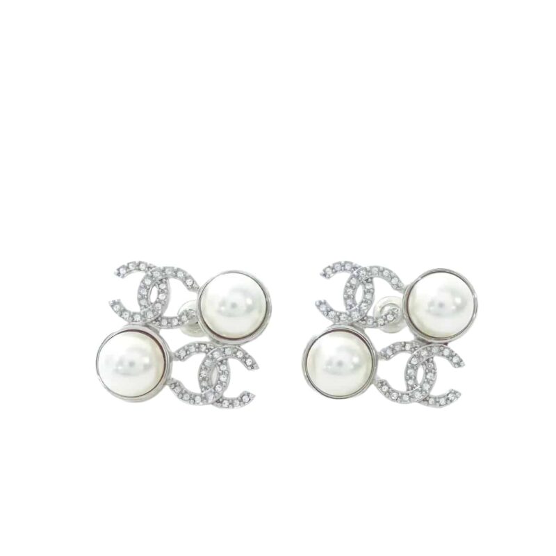 CHANEL STUD EARRINGS GLASS PEARLS SILVER ABF730 B20573 U0937