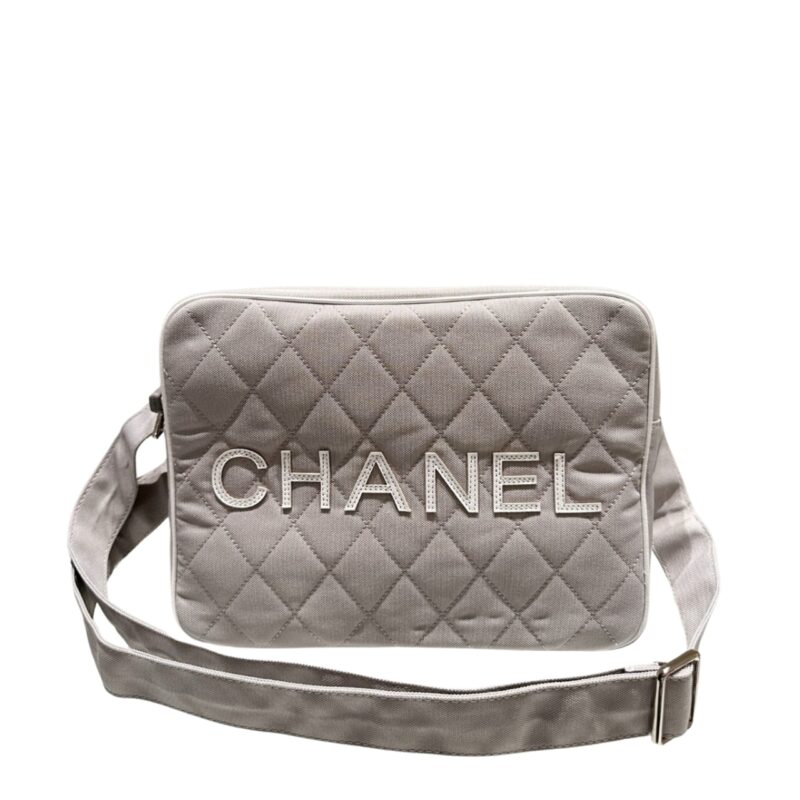 CHANEL MESSENGER BAG QUILTED CANVAS LIGHT GREY 30CM