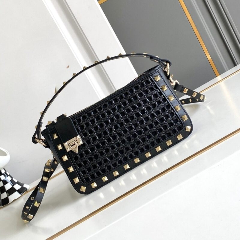 Alternative view of VALENTINO GARAVANI ROCKSTUD RAFFIA SMALL CROSSBODY BAG BLACK 19CM